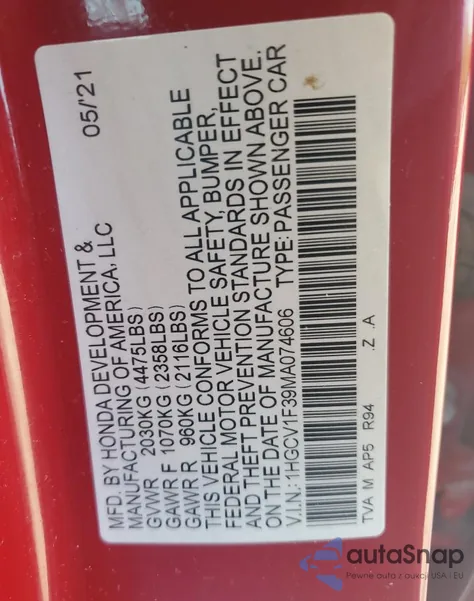 2021 Honda Accord Sport из США, поврежденный, VIN 1HGCV1F39MA074606